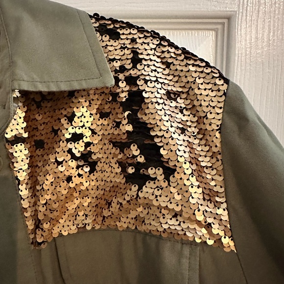 Anthropologie Olive Green Sequin Patch Army Button Down Shirt - Picture 5 of 10